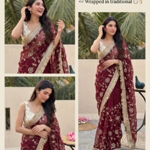 Lipi Pure Space Silk Gold Beads EmbroiderySaree With Contrast Blouse