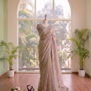 Designer Space Silk Golden Peach Saree With Jarkhan Diamond