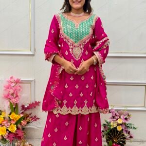 Chinnon Silk Embroidered Sequins With Mirror Work Sharara Suit(Available 2 Colours)