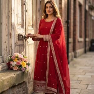 Pure Fendy Silk Sequins Red Gown Set