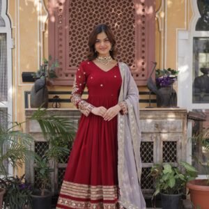 Designer Blooming With Embroidered Zari Sequins Gown With Contrast Dupatta
