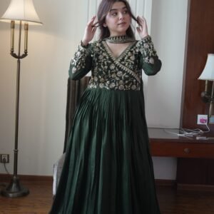 Premium Vichitra Blooming Bead Sequins Embroidered Gown - Mint Green