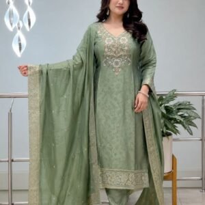 Goumati Pure Malay Glass Tissue With Kanjivaram Zari Work Kurti Set -Sea Green