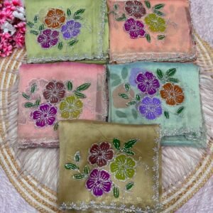Original Tissue Silk Brush Print Saree with Jarkan Work(Available in 5 Colours)
