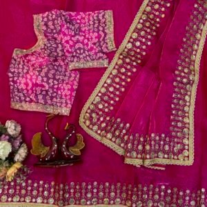 Gimmy Satin Sequins Embroidered Saree - Rani Pink
