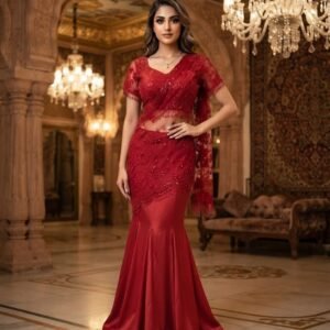 Crepe Silk Sequins Embroidered Read To Wear Saree-Wine Red