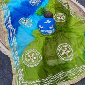 Pure Chiffon Lehariya Tie & Dye Saree with Hand Charkhi Gotta Work