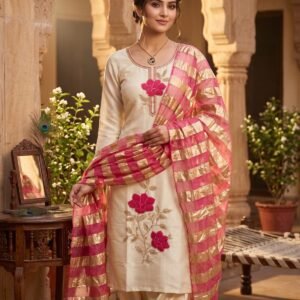 Premium Glass Roman Silk Embroidered Kurti Set
