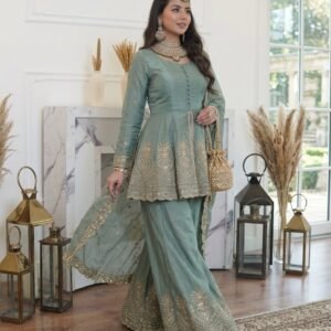 Fendy Silk Top Sharara With Embroidered Sequins Work -Firozi