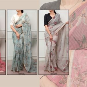 Elegant Kota Doria Floral Print Saree with Lucknowi Work Blouse-AVAILABLE 3 COLOURS