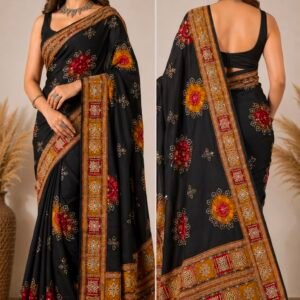 Premium Pure Ajrakh Satin Viscose Silk Saree with Original Mirror Work