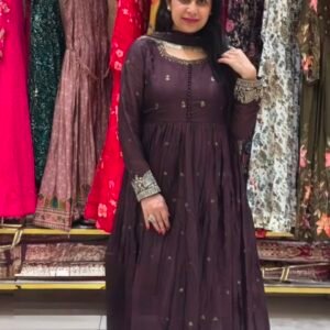Chinnon Silk Anarkali Brown Gown With Embroidery Sequins