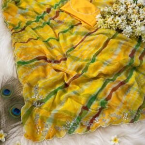 Premium Chiffon Leheriya Handwork Saree with Mono Blouse-AVAILABLE IN 6 COLOURS
