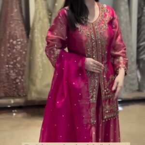 NC Pure Satin Silk Top Sharara Set With Embroidered sequins-RANI PINK