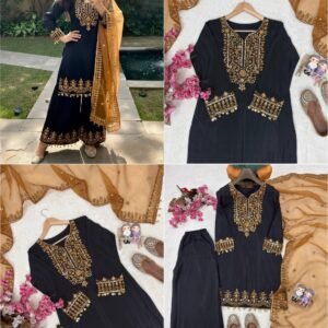 Chinnon Silk Black & Rusty Orange Kurti Palazzo With Embroidered Zari Work