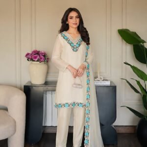Premium Soft Linen Organza Embroidered Kurta Pant Set with Dupatta