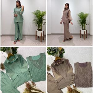 Designer Salsa Silk Shirt, Pant & Hand-Embroidered Shrug Co-ord Set