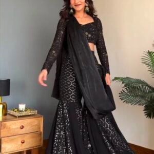 Elegant Black Faux Georgette Thread & Sequin Sharara Set with Dupatta