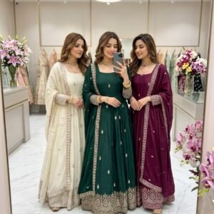 Pure Chinnon Silk Embroidered Sequins Gown With Pant And Dupatta