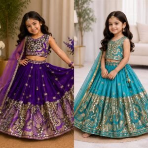 Kid's Sindoor Silk Lehanga Choli With Embroidered Sequins Work(Available In 2 Colours)