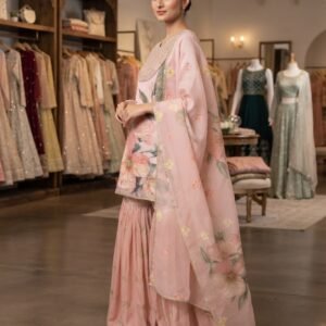 Printed Soft Organza Sequins Embroidered Sharara Set-Peach