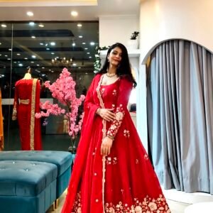 Premium Fendy Silk Embroidered Gown with Pant & Dupatta-MAROON