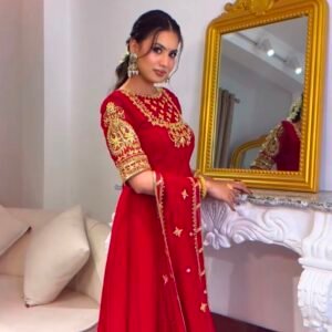 Trending Blooming Georgette Gown, Pant & Dupatta Set-MAROON