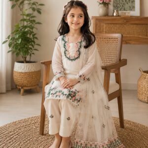 Kid's Premium Fendy Silk Ivory Embroidered Sequins Kurti With Farsi Pant