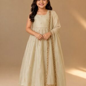 Kid's Elegant Premium Cosmos Gold Embroidered Sequins Ivory Anarkali Gown With Pant