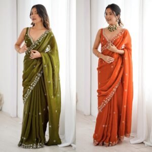 Premium Fendy Silk Embroidery Saree with Unstitched Blouse-AVAILABLE 2 COLOURS
