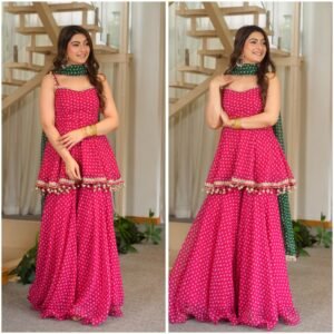 Georgette Pink Bahndhej Top Sharara & Contrast Dupatta With Latkan