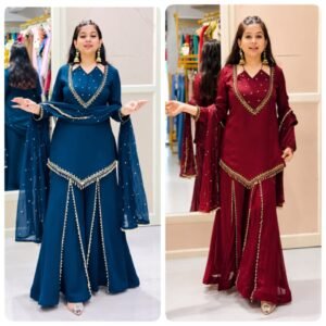 Premium Roman Glass Mirror Work Kurta Palazzo Set with Chanderi Silk Dupatta-AVAILABLE 2 COLOURS