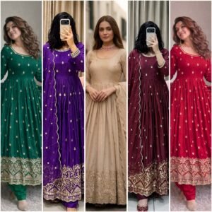 Premium Chinon Silk Mirror & Sequin Embroidered Gown Set-AVAILABLE 5 COLOURS