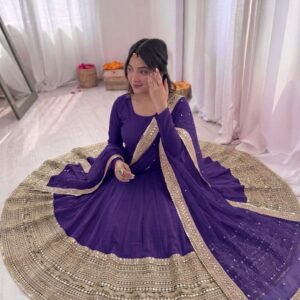 Premium Roman Silk Anarkali Gown with Codding Sequin Work- PURPLE
