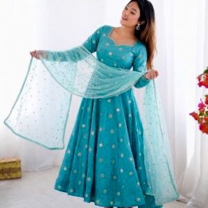Vichitra Silk Embroidered Sequins Anarkali Gown-Sky Blue