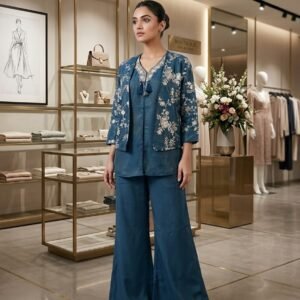 Premium Coss-Moss Sequin Embroidered Top, Palazzo & Shrug Set-TEAL BLUE