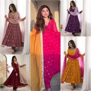 Premium Faux Georgette Embroidered Top, Pant & Dupatta Set-AVAILABLE 5 COLOURS