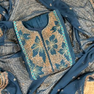 Roman Silk Kurti Pant & Dupatta With Thread Embroidered Sequins-Teal Blue