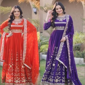 Premium Blooming Georgette Zari & Sequin Embroidered Gown with Dupatta-AVAILABLE 2 COLOURS