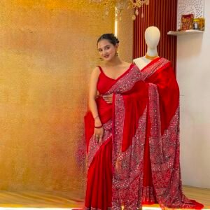 Trending Elegant Ajrakh Print Mirror Work Saree - Red