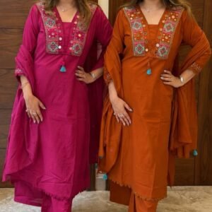 Pure Fine Cotton Embroidered Kurti Pant Set-AVAILABLE 2 COLOURS