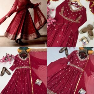 Premium Chinon Silk Sequins Embroidered Anarkali Red Gown