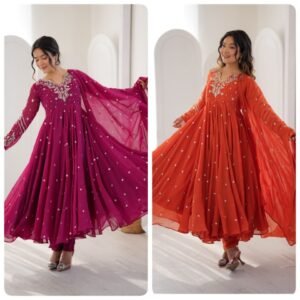 Premium Georgette Gown Pant & Dupatta Set With Embroidered Sequins-AVAILABLE 2 COLOURS