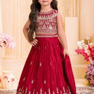 Kid's Chinon Silk Sequins Embroidered  Red Lehanga Choli With Dupatta