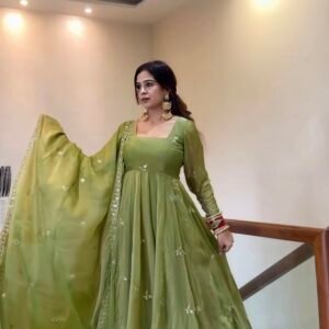 Pure Fendy Satin Silk Embroidered Sequins Anarkali Gown Set-Olive Green