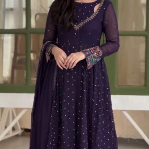 Premium Georgette Gown With Embroidered Sleeves-Purple