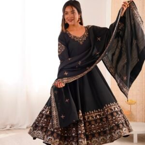 Black Roman Silk Embroidered Sequins Anarkali Gown Set