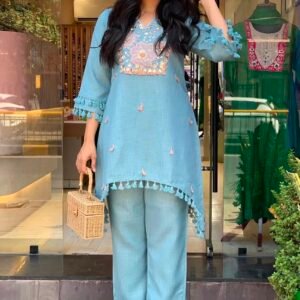 Premium Cotton Flex Embroidered Co-ord Set-Sky Blue