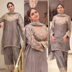 Pure Chinon Silk Dori work Embroidered Sequins Kurti Set-Metallic Grey