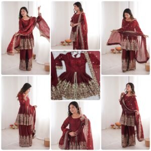 Fendy Silk Two Tone Embroidered Sequins Top Palazzo and Dupatta - Available 10 colours